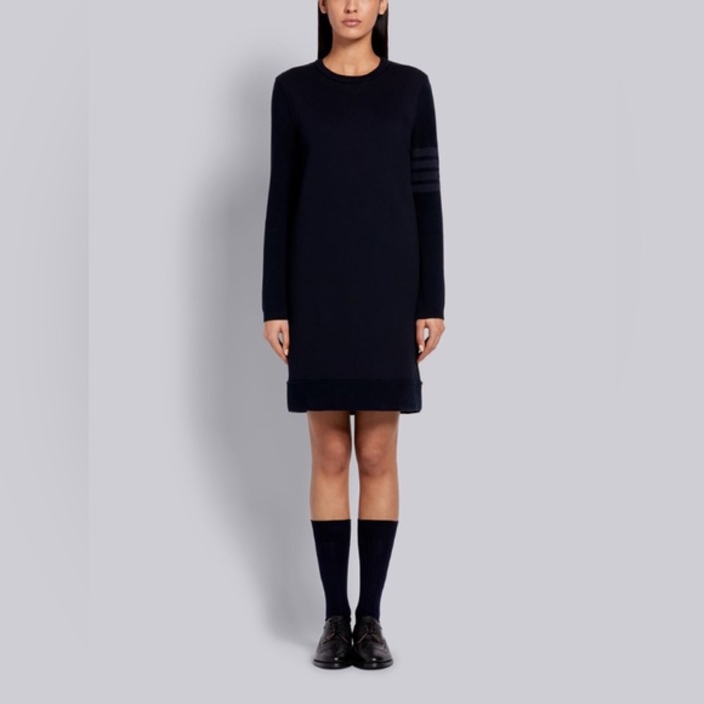 Thom Browne NAVY CLASSIC LOOPBACK TONAL 4-BAR CREWNECK SWEATER DRESS - Picture 1 of 14